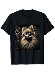 Cute Pomeranian Sled Dog Pattern T-Shirt 100% Cotton Casual Sports Black T-Shirt with Realistic Dog Print Perfect for Pet Lovers.